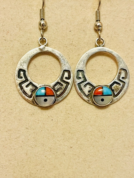 Jewelry - VTG NATIVE AMERICAN ZUNI Sterling Silver Sun FACE Earrings Turquoise
Coral MOP